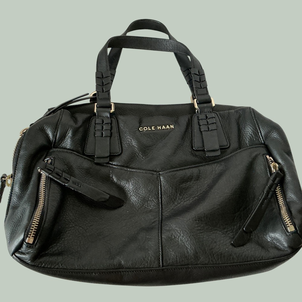 Cole Haan Black Leather Satchel Braided Handle Gold Hardware Handbag B45613
